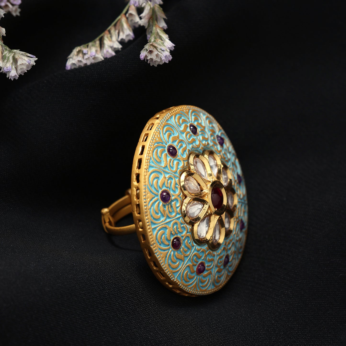 FLORAL KUNDAN RING WITH TURQUOISE ENAMEL FRAME