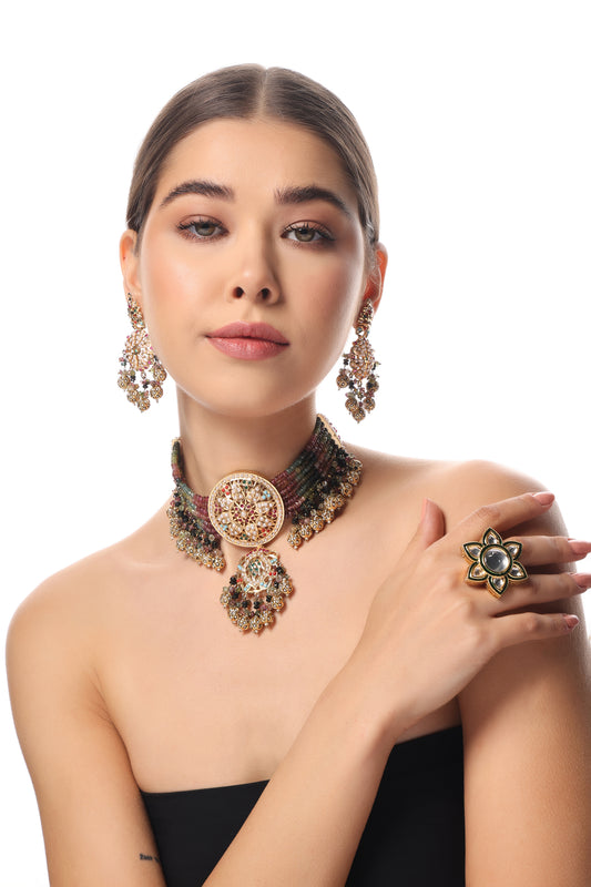 ANTIQUE GOLD CHOKER SET WITH MULTI-COLOURED STONES