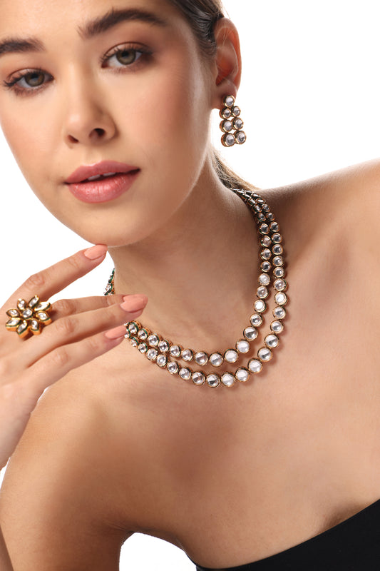 PREMIUM KUNDAN DOUBLE LAYERED NECKLACE SET