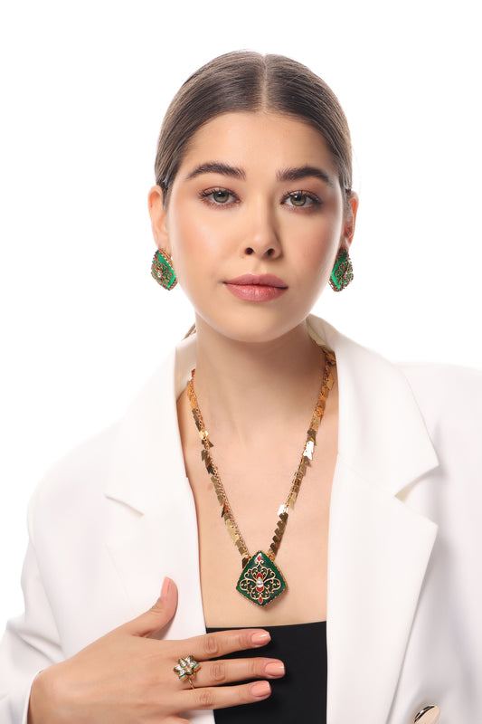 ANTIQUE GREEN MEENAKARI PENDANT SET